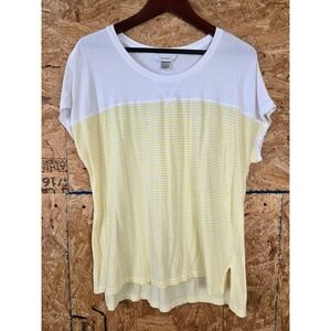 CJ Banks Women's White & Yellow‎ Striped Tunic Top, Crew Neck, Casual